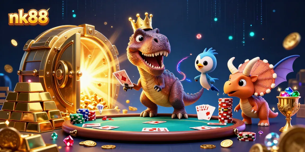 Experience nk88's thrilling casino adventure with friendly dinosaurs in a vibrant, treasure-filled scene.