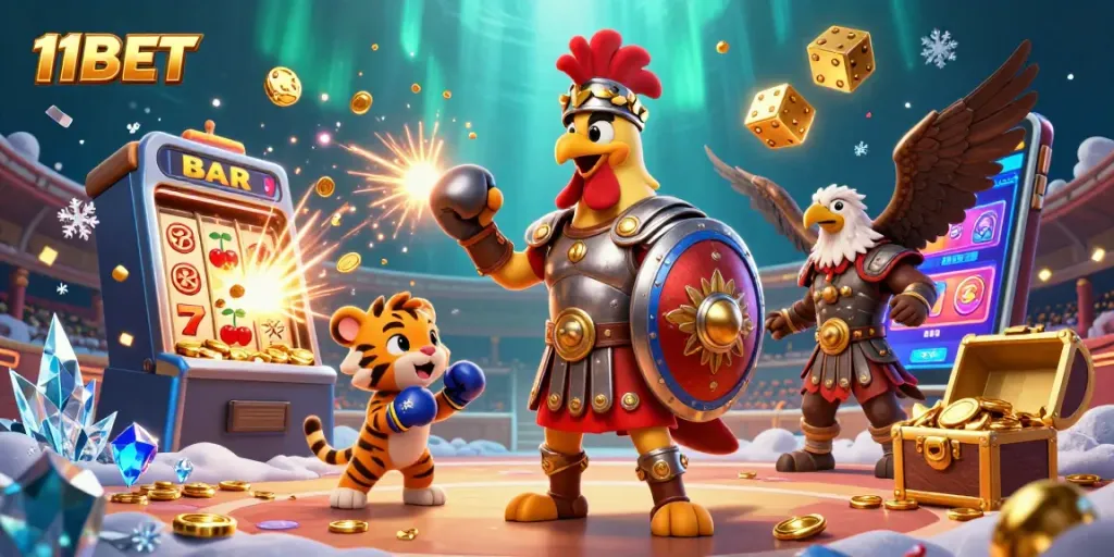 Experience the thrill of 11BET as a gladiator rooster battles for jackpots amidst a vibrant casino scene.