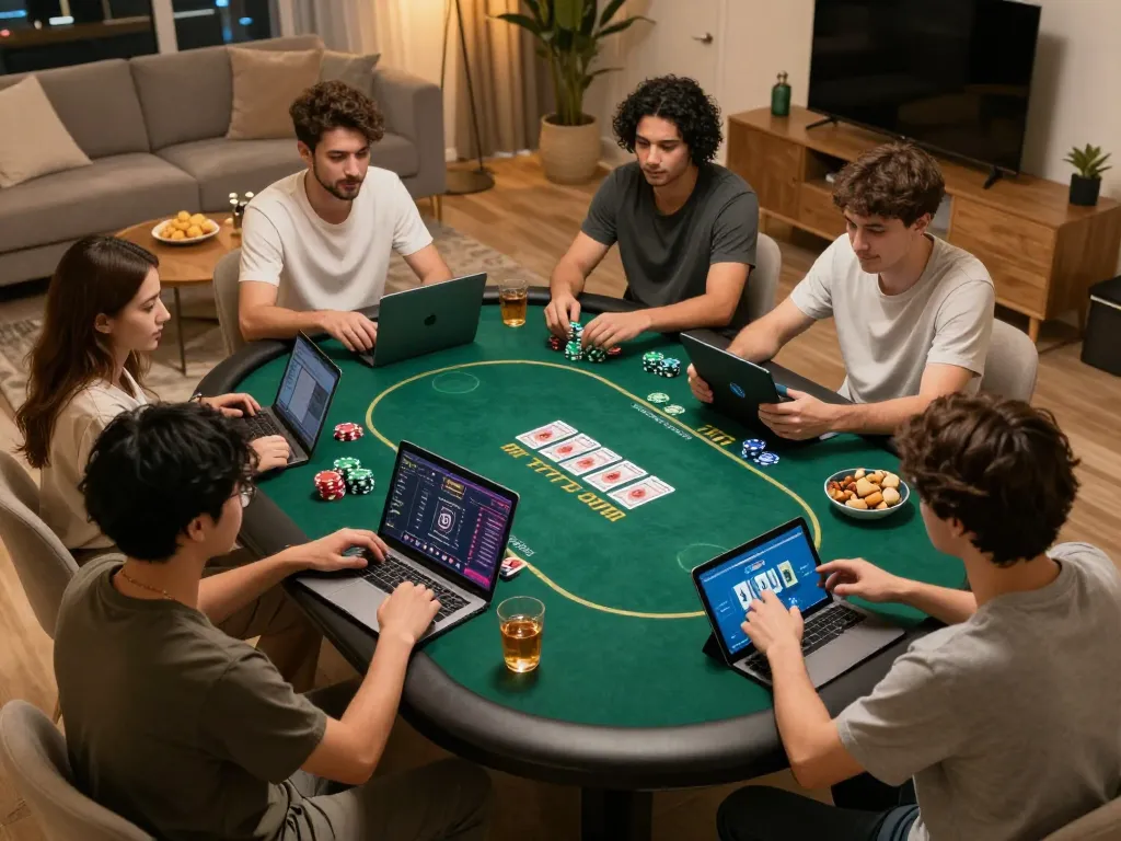 Players engaged in an exciting poker game on ee88go as they interact with their digital devices, showcasing the thrill of online gambling.