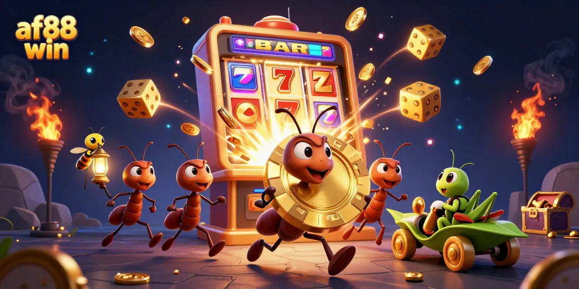 Experience af88 win with a creative 3D illustration of ants heisting a giant poker chip surrounded by casino excitement.