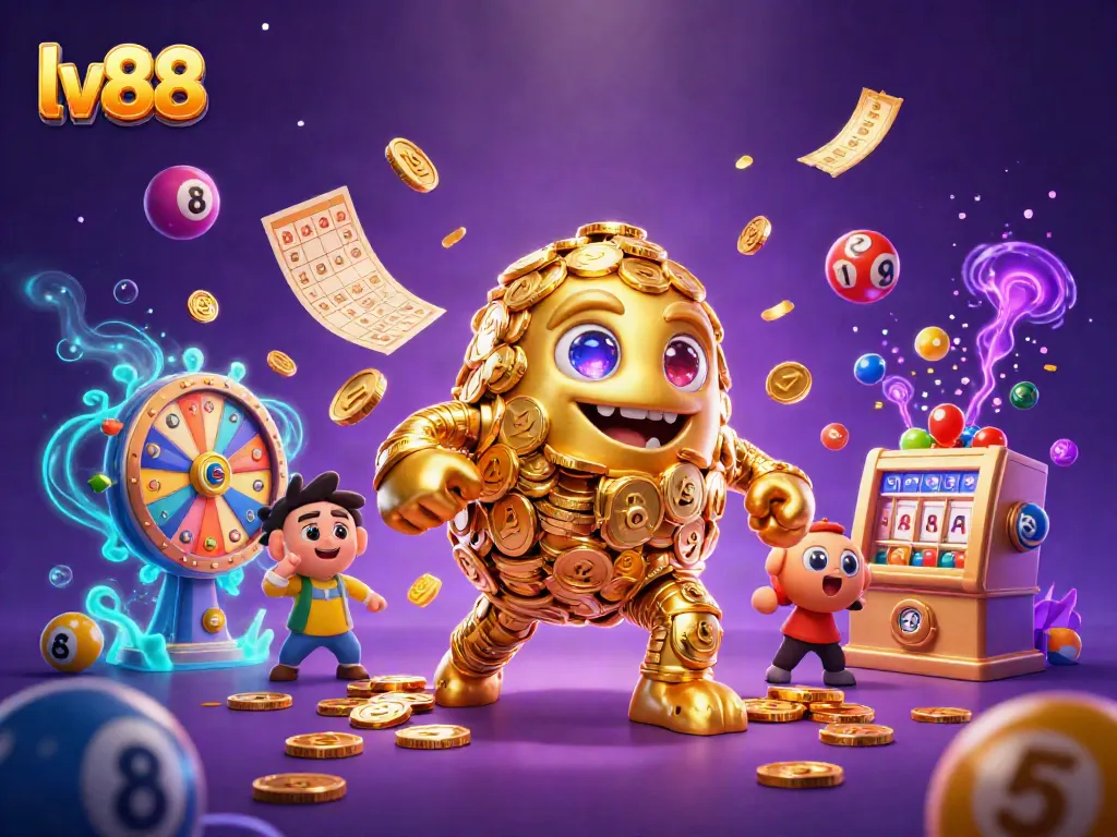 Experience designated slots with LV88's animated golden golem showcasing vibrant gaming elements.