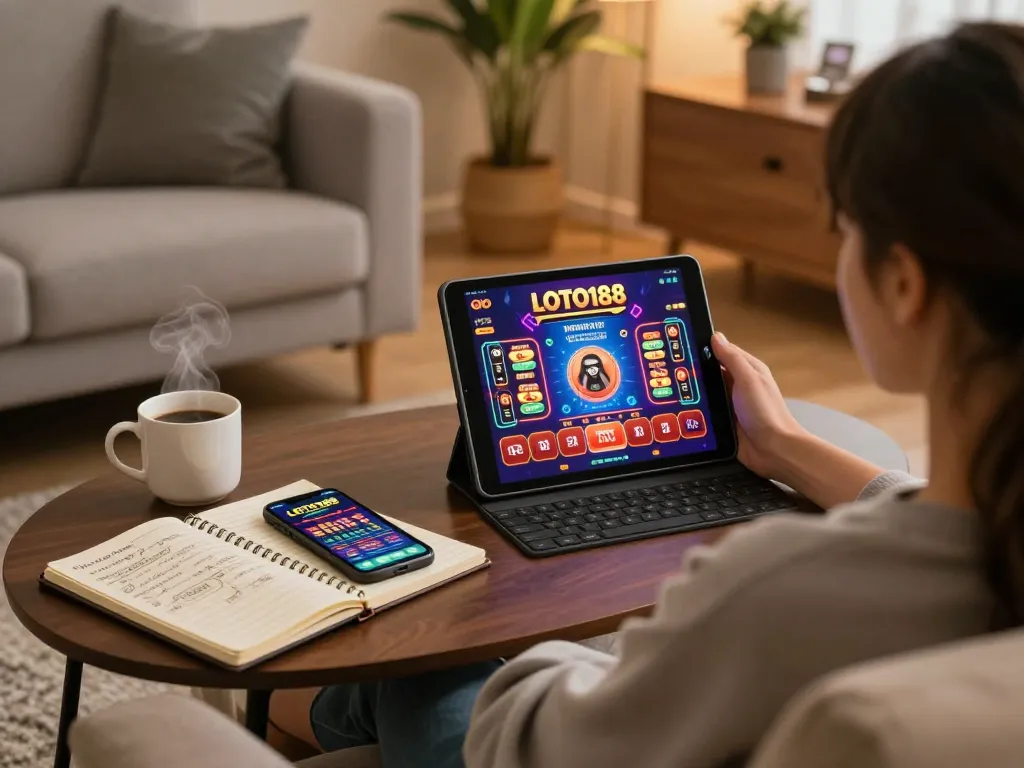 Player utilizing LOTO188 app on tablet in a cozy home setting, reflecting responsible online gaming.