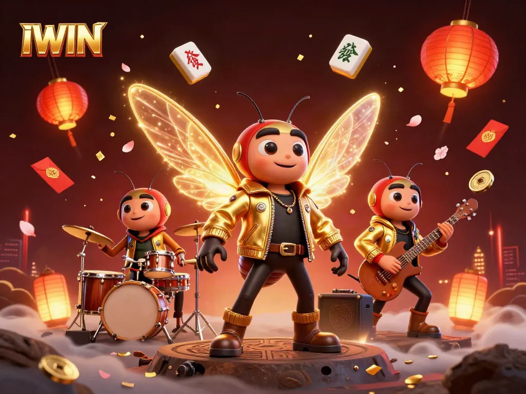 IWIN showcases a lively casino scene with cartoon characters, vibrant game elements, and festive atmosphere.