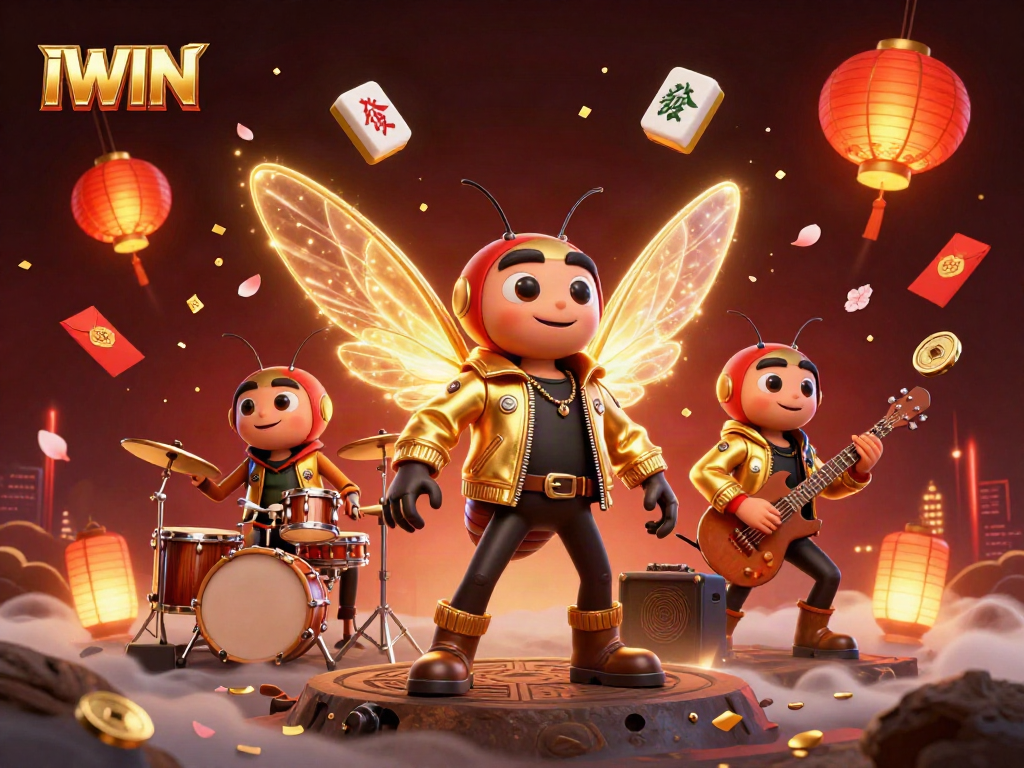 IWIN showcases a lively casino scene with cartoon characters, vibrant game elements, and festive atmosphere.
