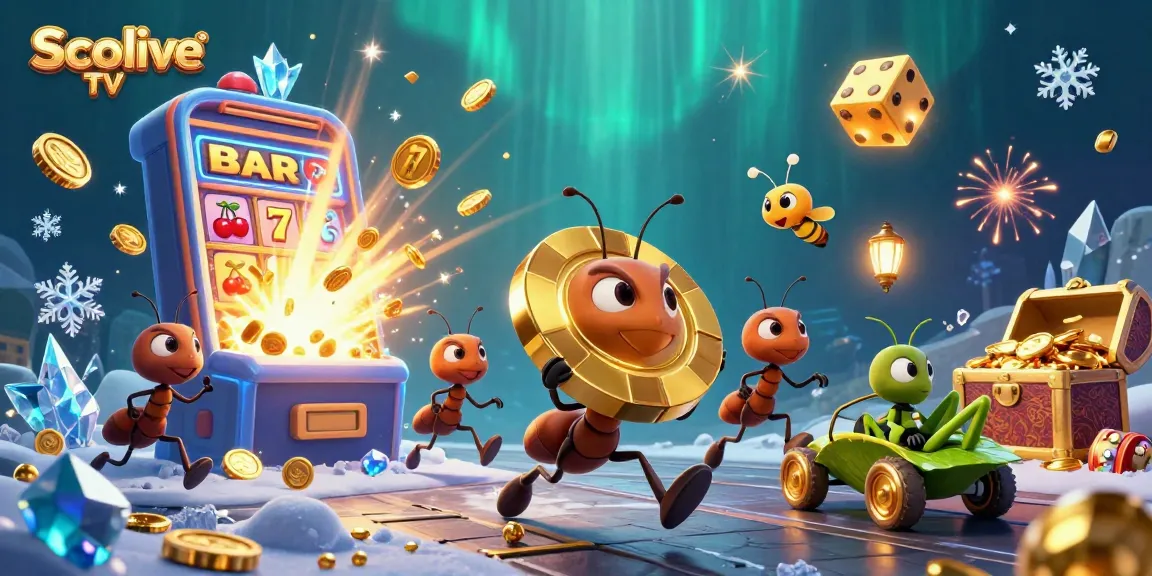 Experience high-energy gambling action with Socolive TV as cartoon ants carry a giant poker chip in this vibrant scene.