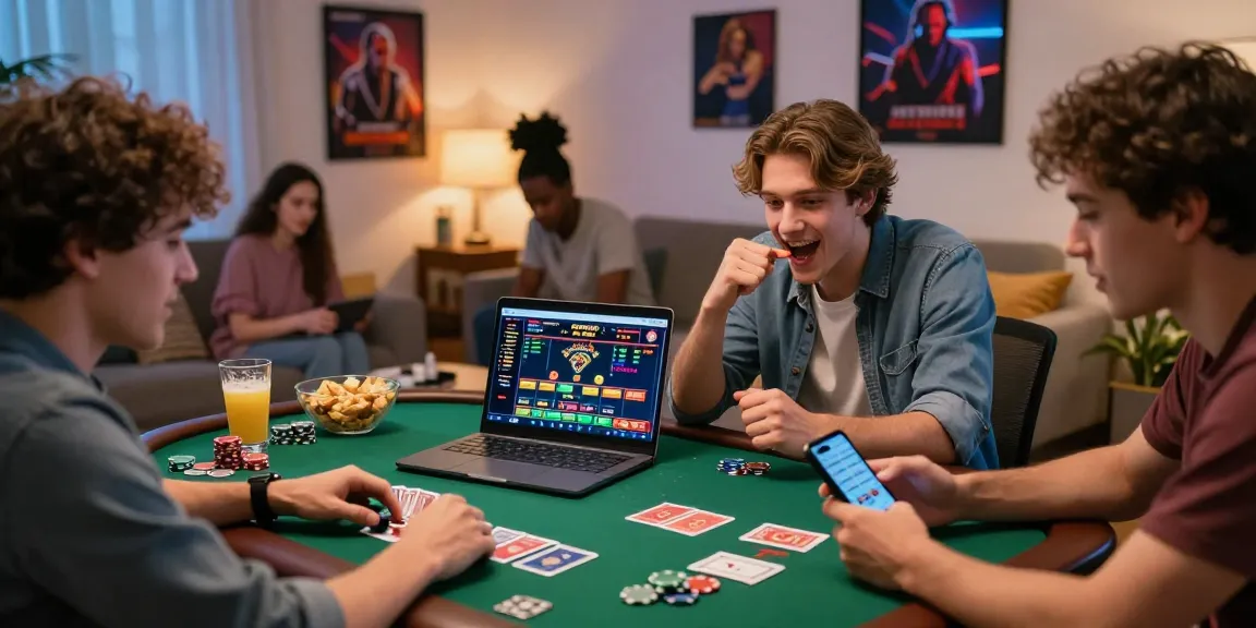 Friends enjoying online gambling experience at home through gambleonline platforms, showcasing excitement and camaraderie.