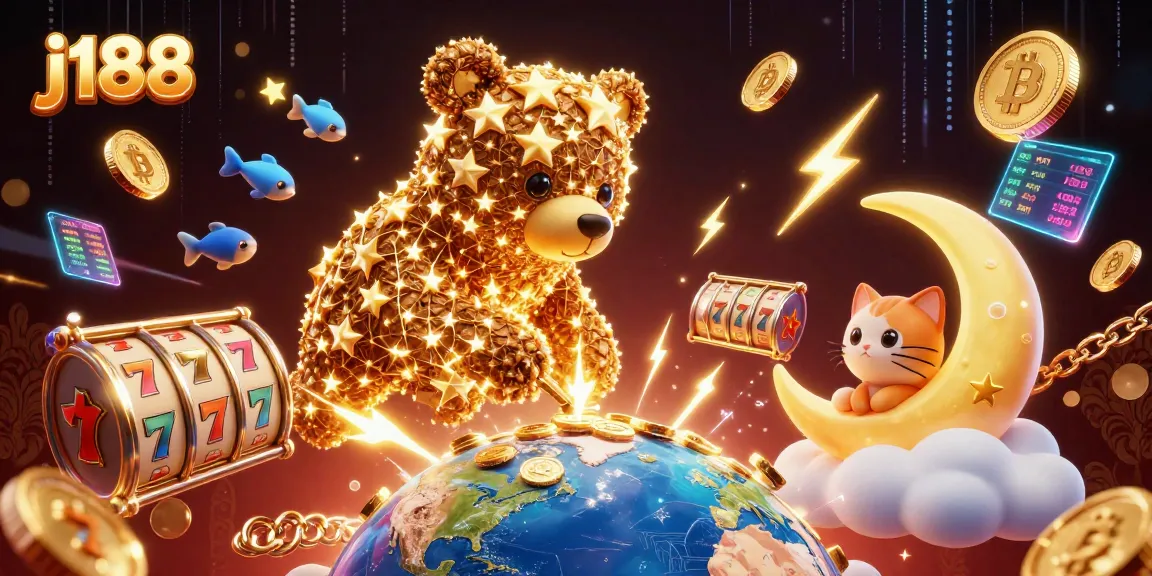 Spin jackpots at j188 with a cosmic bear collecting coins in a vibrant online casino scene.