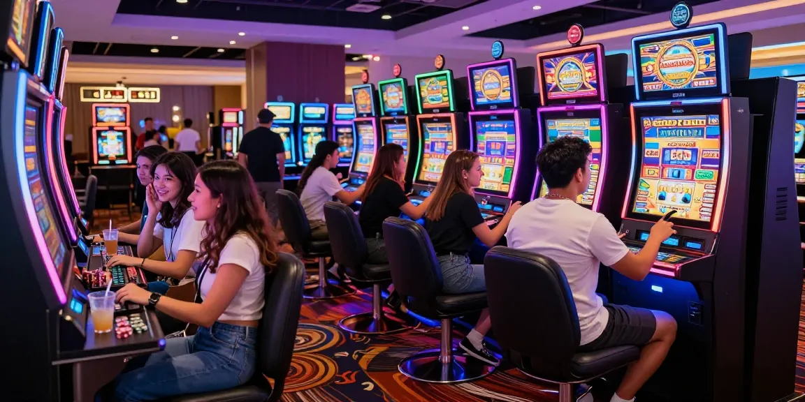 Pengalaman bermain slot gacor di kasino dengan teman-teman yang bersemangat dan cahaya warna-warni di latar belakang.