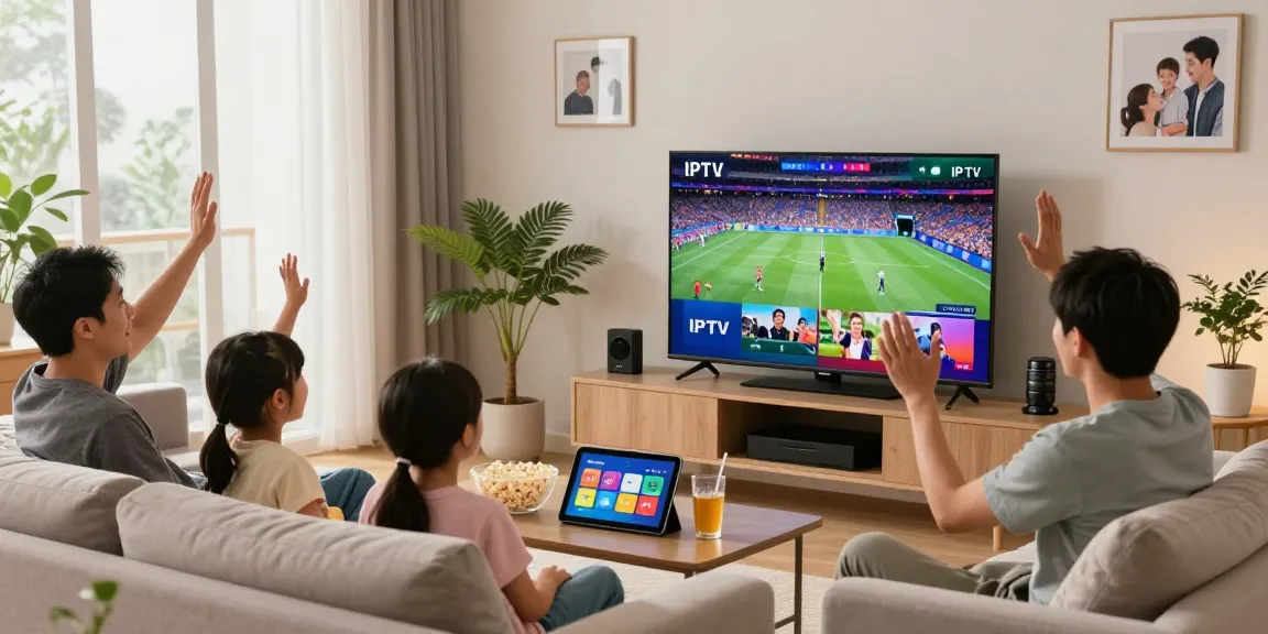 Enjoy premium IPTV streaming in a modern living room with family watching sports.