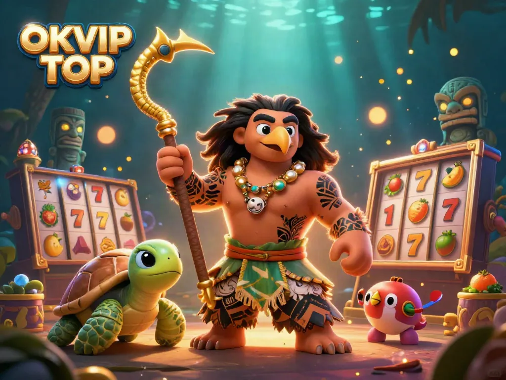 Engaging scene showcasing OKVIP TOP with vibrant 3D characters and slot elements, capturing the essence of online gaming.