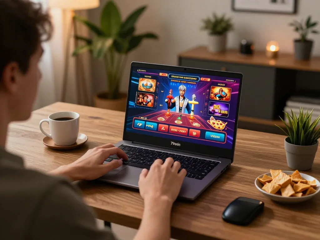Player engaging in exciting online gameplay at 79win, showcasing vibrant graphics and a cozy setting