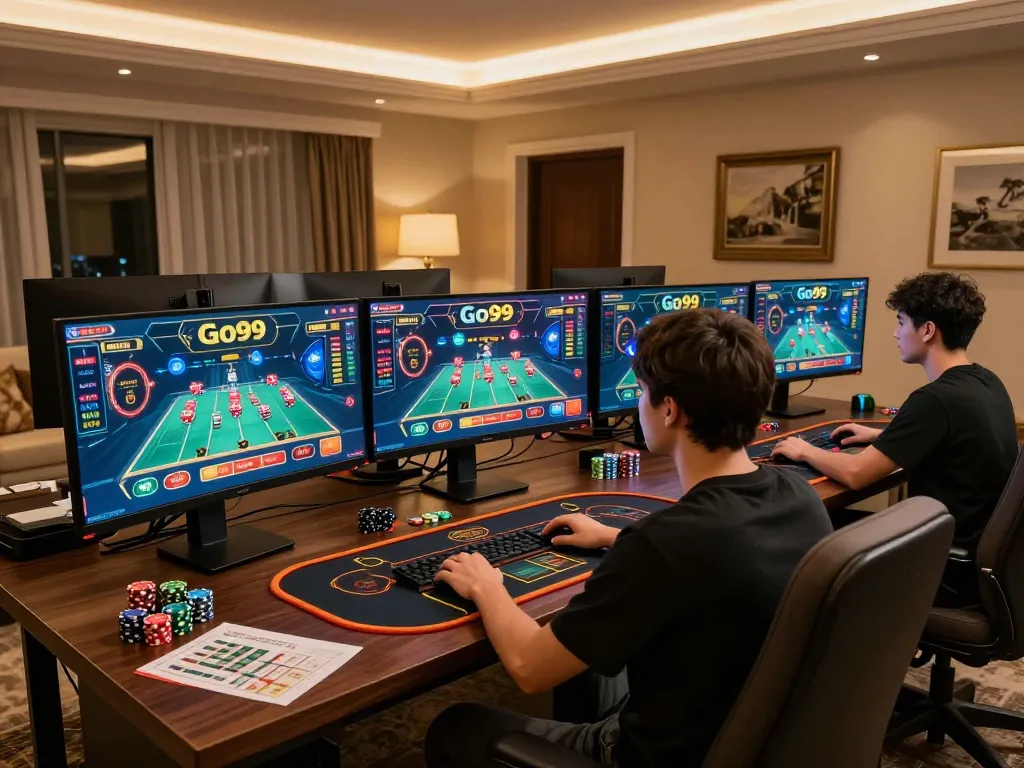 Engaging in Go99 online casino gaming with multiple screens and strategy notes.