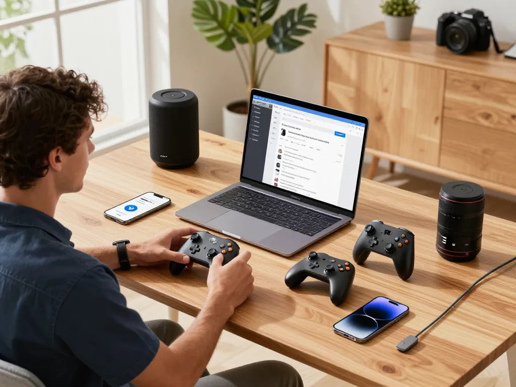 Exploring cool tech gadgets under $105 in a modern workspace with various devices and natural light.