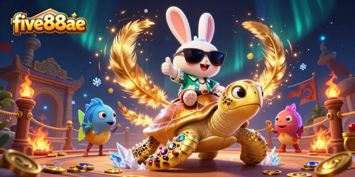 Experience excitement at five88ae with a lively illustration of a rabbit on a turtle surrounded by casino elements.
