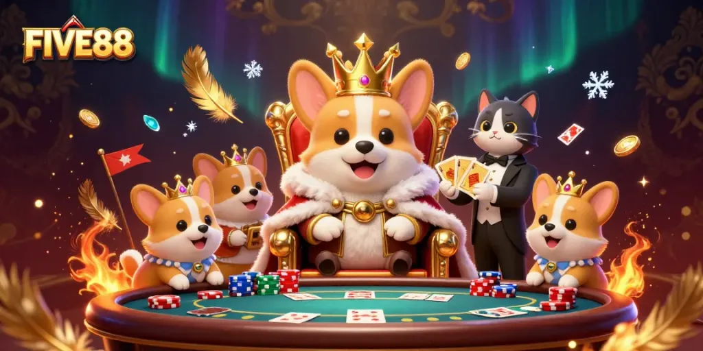 Engage in FIVE88 thrilling poker game featuring charming corgi royalty and rich casino elements.