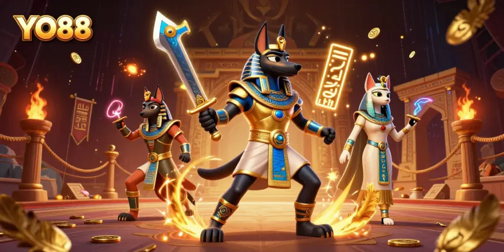 YO88 captures excitement with Anubis and Bastet amidst golden gaming elements.