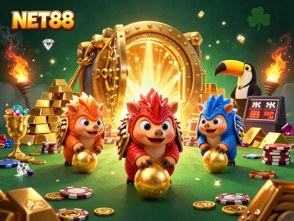 Experience NET88's thrilling gamble with colorful pangolins surrounded by wealth and casino elements.