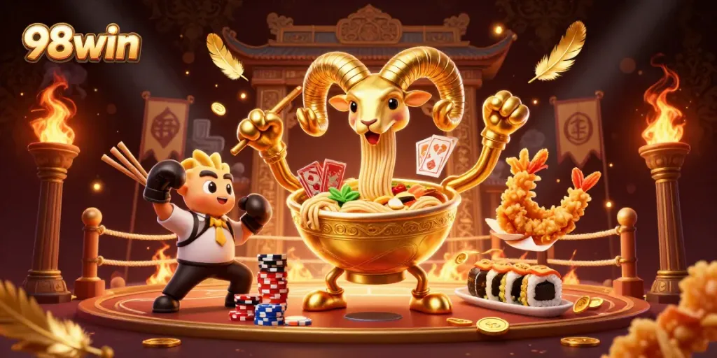 Engage in exciting bets with 98win's vibrant 3D casino scene featuring unique characters.