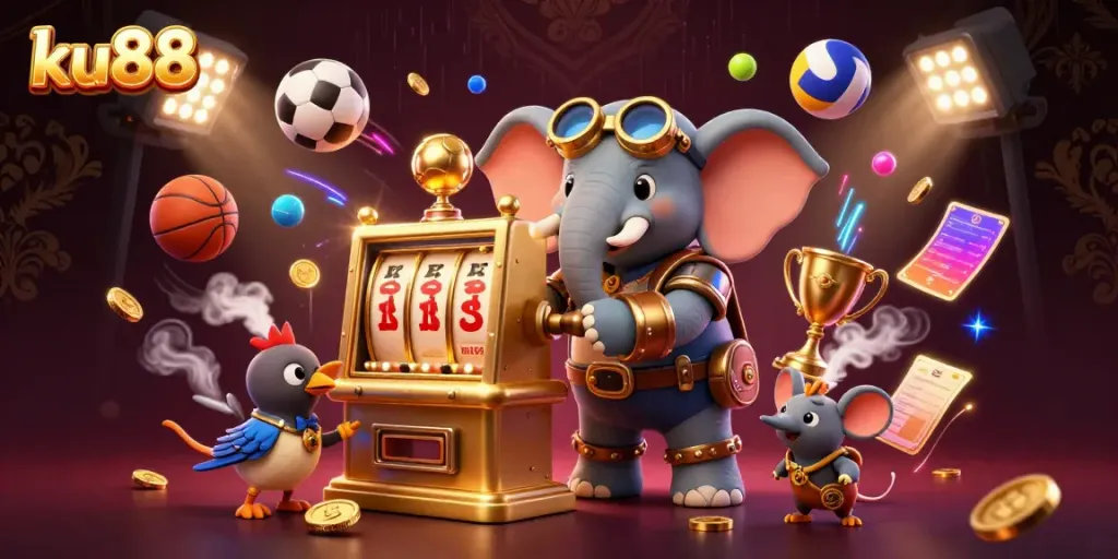 Engage in thrilling gameplay with ku88 featuring a steampunk elephant operating a golden slot machine amidst flying sports balls.