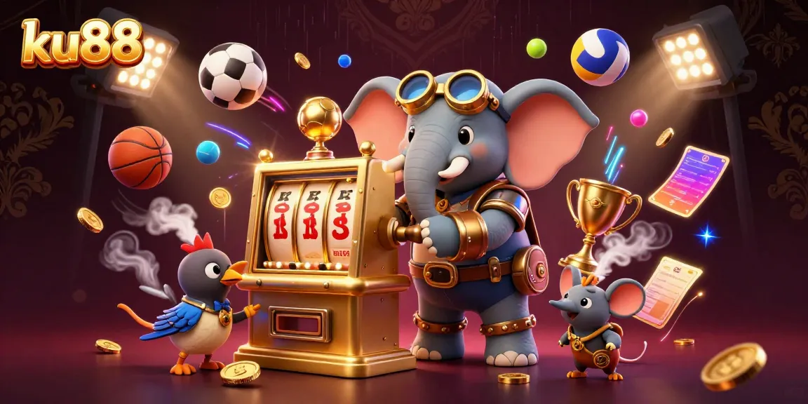 Engage in thrilling gameplay with ku88 featuring a steampunk elephant operating a golden slot machine amidst flying sports balls.