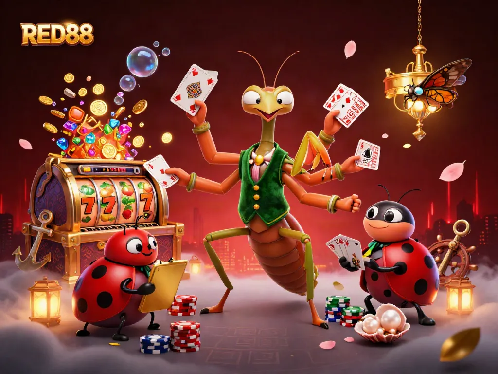 Experience thrilling gameplay at RED88's casino with vibrant characters and lively elements.