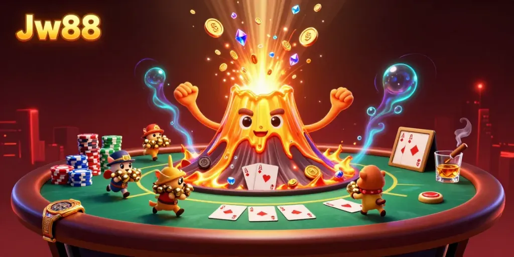 Experience the thrill with Jw88 while the volcano erupts treasures amidst the poker chaos.