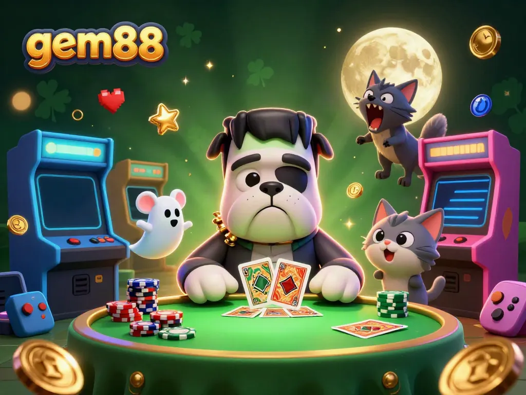 Engage with gem88's thrilling card table scene featuring a Frankenstein bulldog dealer amidst vibrant casino elements.