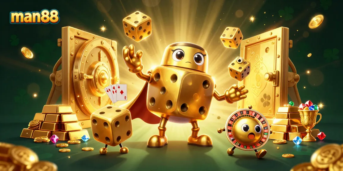 man88 spins vibrant golden dice while juggling fortunes in a rich casino scene filled with jewels.
