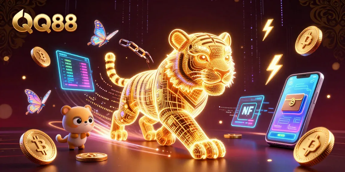 Engage with the virtual world of QQ88, featuring a glowing golden tiger in a dazzling casino landscape.