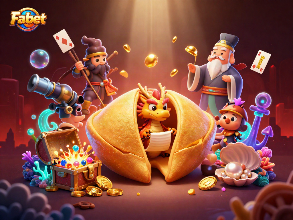 Fabet casino illustration featuring a golden fortune cookie with a wise dragon, surrounded by dynamic betting elements.
