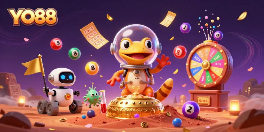 Play at YO88 with a Martian gecko discovering a colorful casino, surrounded by dynamic game elements.