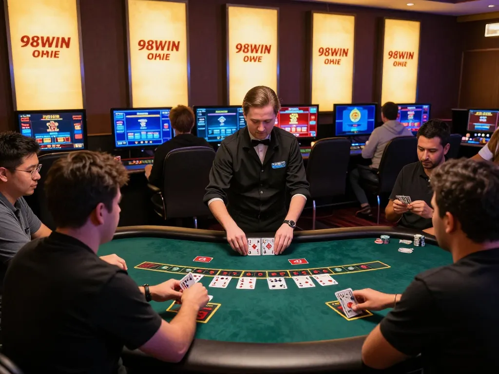 Players engage in blackjack strategy at 98win's online gaming platform with dynamic dealer action.