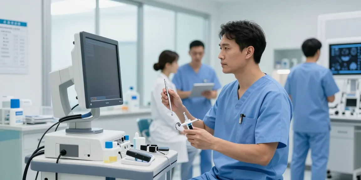 Doctor examining advanced medical instruments in a bright clinical environment.