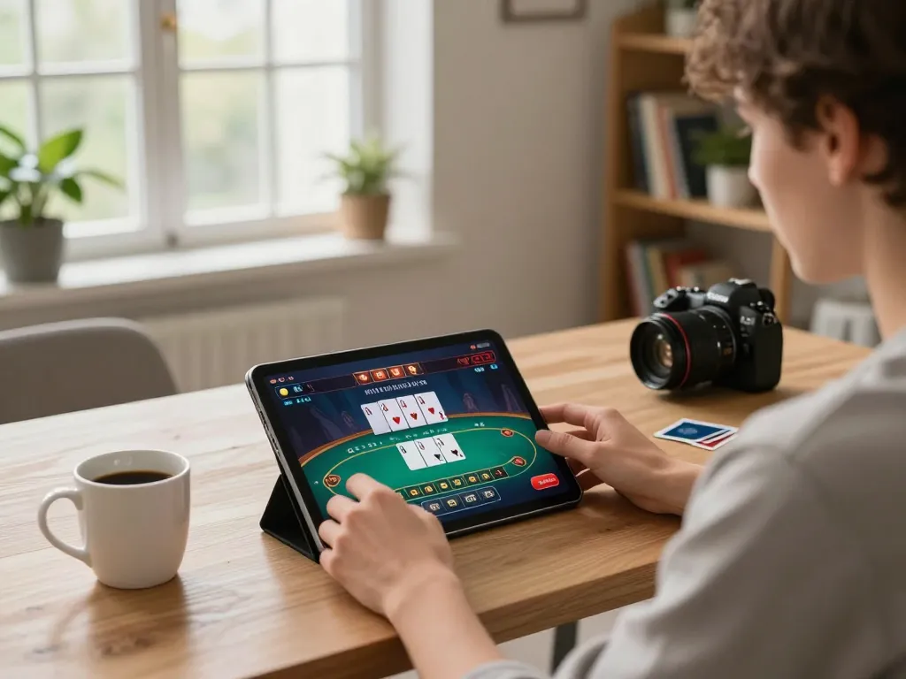 Player engaging with the 8day casino app on a tablet in a cozy home environment.