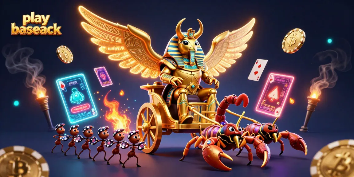 Play blackjack with a dynamic scene featuring a golden scarab beetle and scorpions in a rich casino environment.