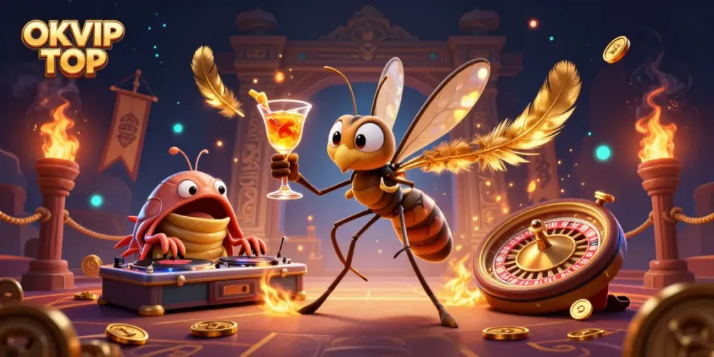 Engage with OKVIP TOP's vibrant online casino featuring a dynamic scene of a frozen mosquito mascot and fossil DJ.