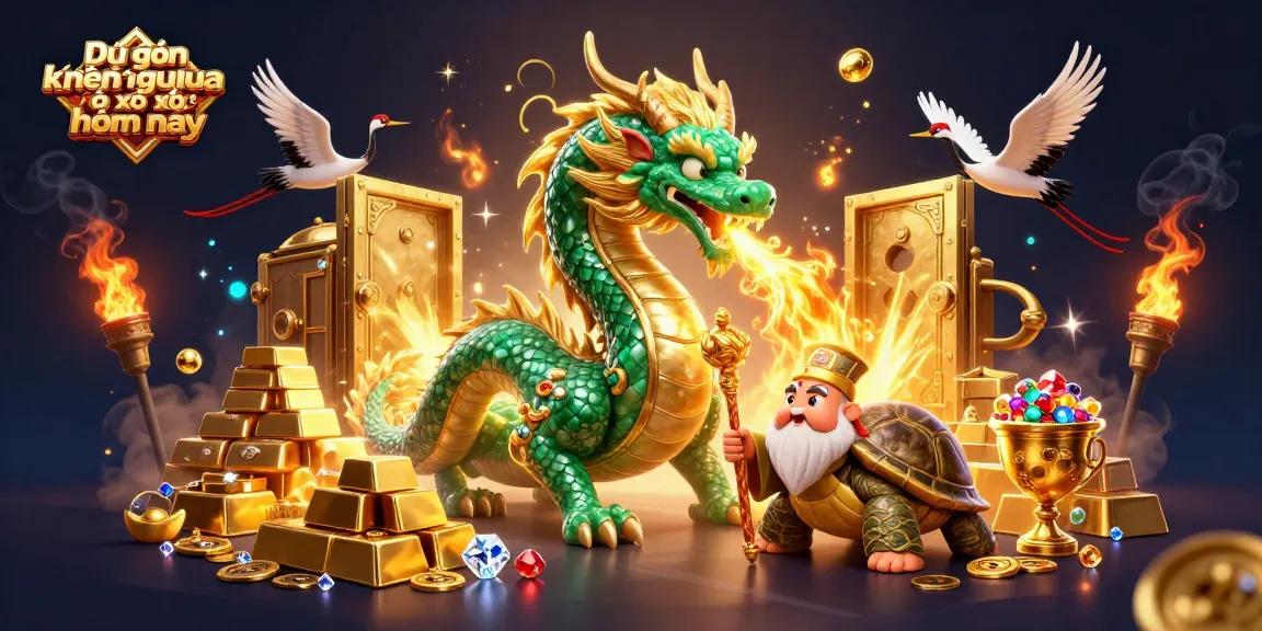 Dự đoán kết quả xổ số hôm nay with a jade dragon, turtle sage, and lucky cranes in a vibrant casino scene