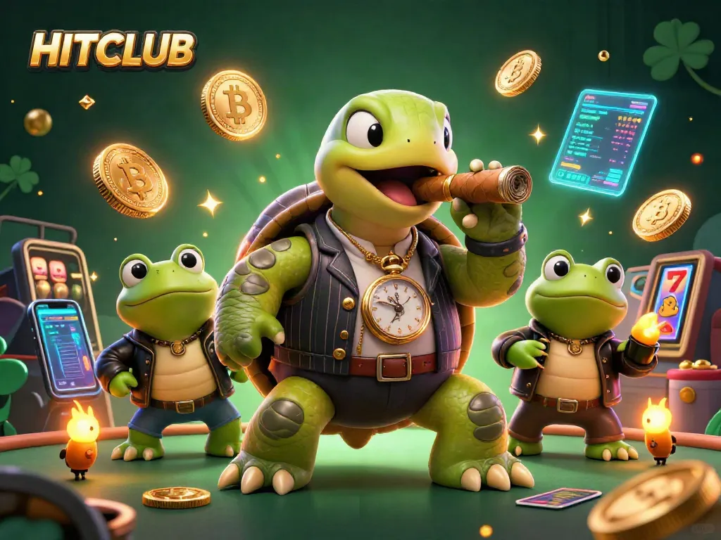 Engage with HITCLUB's vibrant casino action, showcasing characters and crypto elements in a lively illustration.