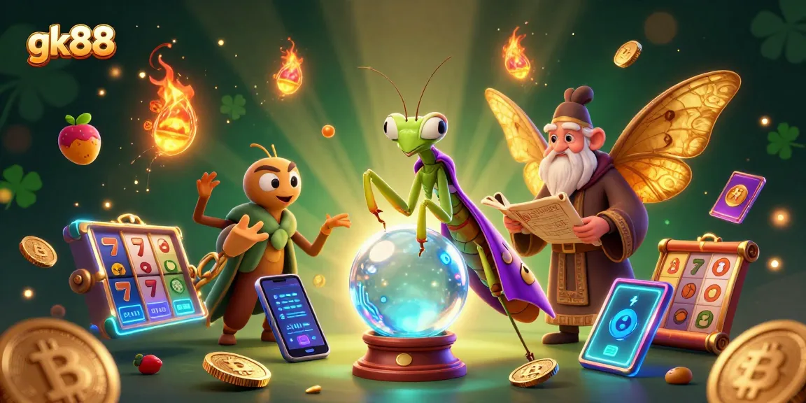 Engage with gk88's vibrant online casino world showcasing colorful slot machines and crypto elements amidst magical characters.
