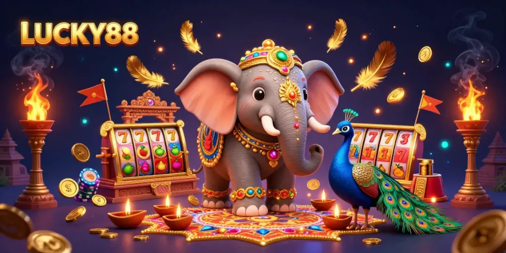 Engaging LUCKY88 slot scene with a decorative elephant, peacock, and festive elements enriching gameplay.