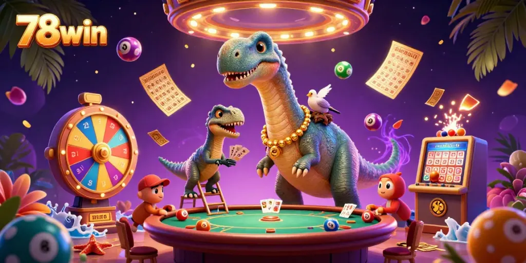 78win illuminated with vibrant elements of lottery and cards in a thrilling casino scene.