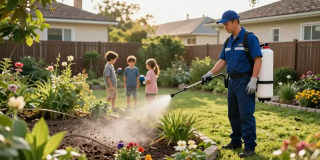 Pest control technician treating garden area to eliminate pests effectively.