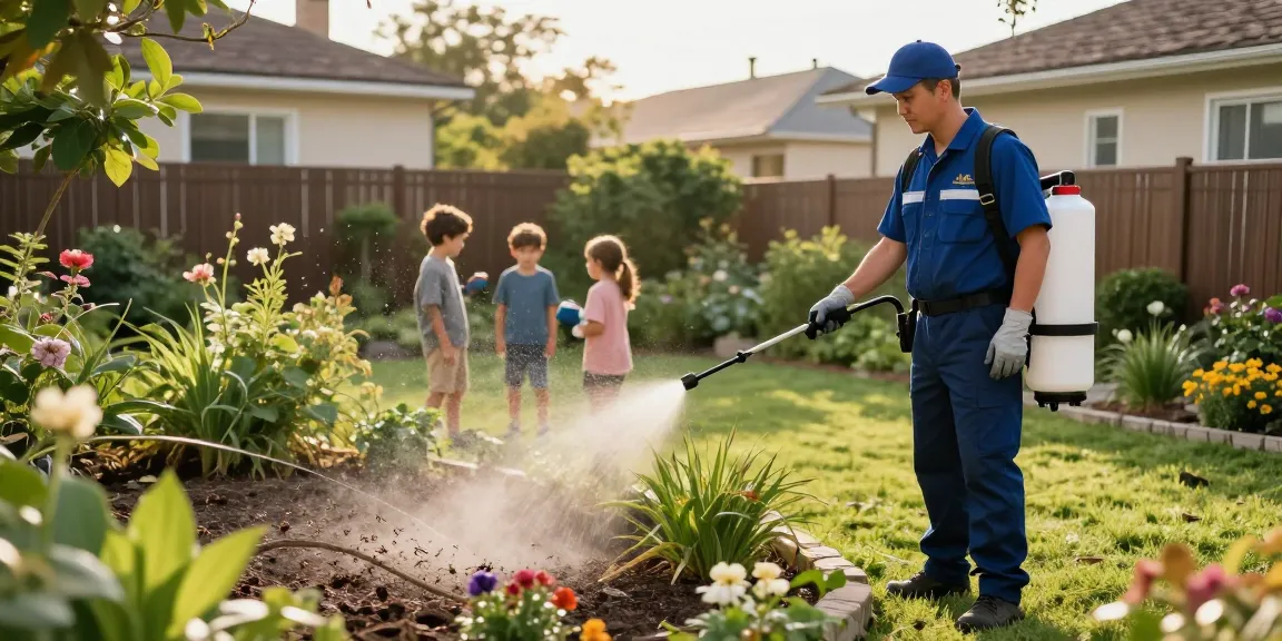 Pest control technician treating garden area to eliminate pests effectively.