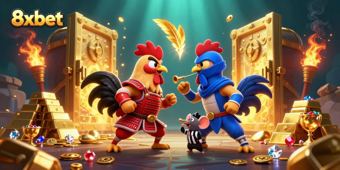 8xbet brings excitement with cartoon fighting roosters in an epic standoff surrounded by treasures.