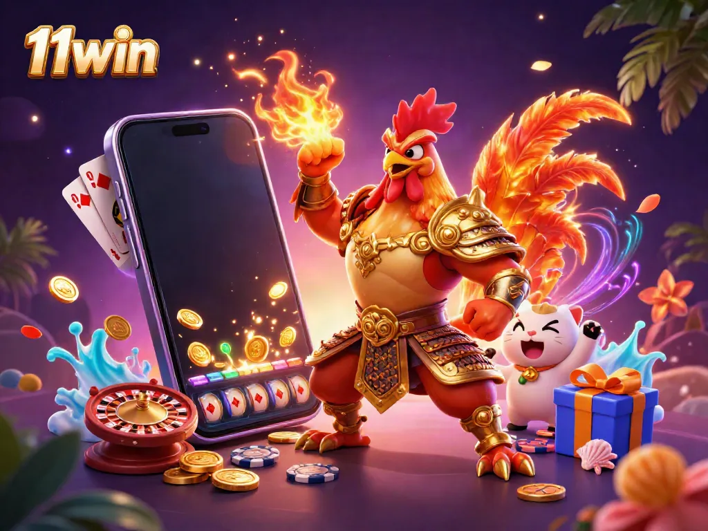 Experience the thrill of 11win with dynamic casino characters and vibrant game elements in a 3D illustration.