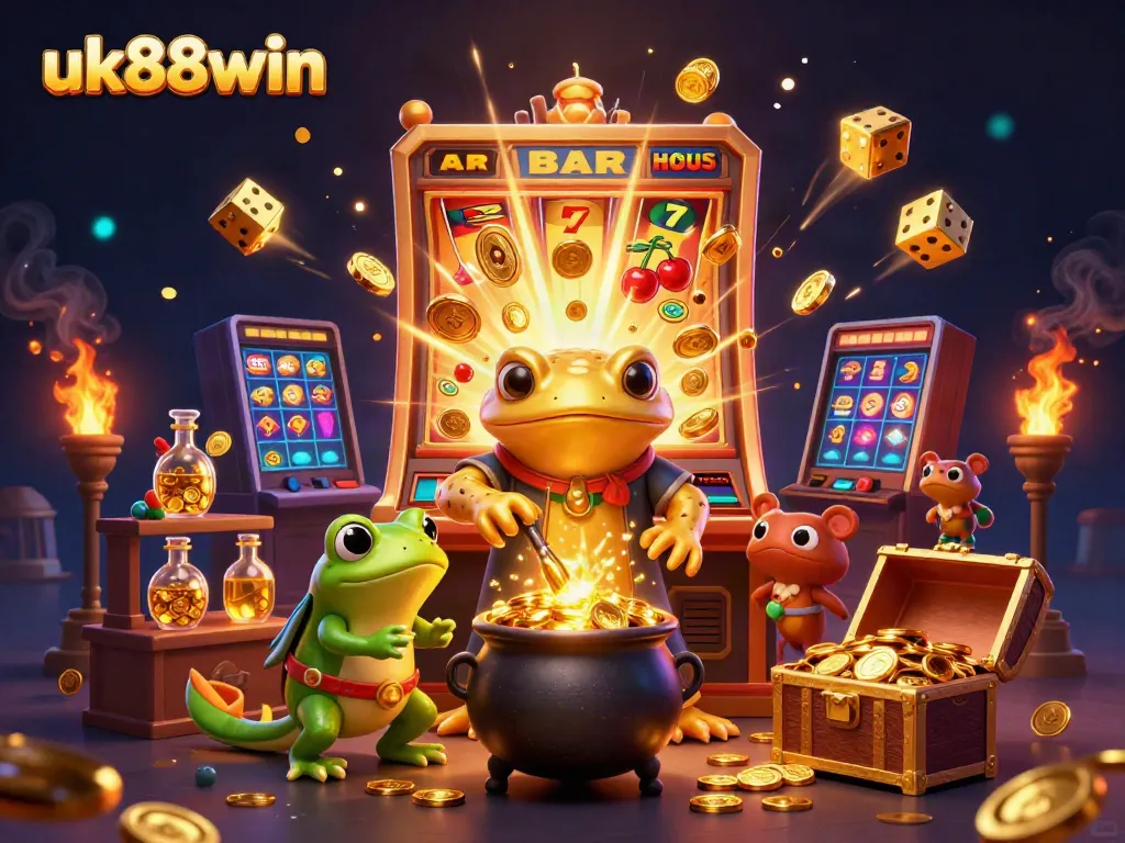 Win big with uk88win at this magical casino scene featuring gold coins and exciting game elements.