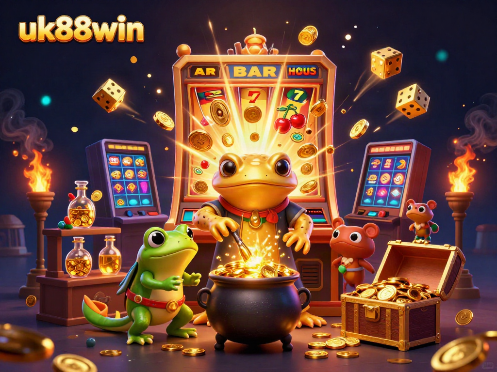 Win big with uk88win at this magical casino scene featuring gold coins and exciting game elements.