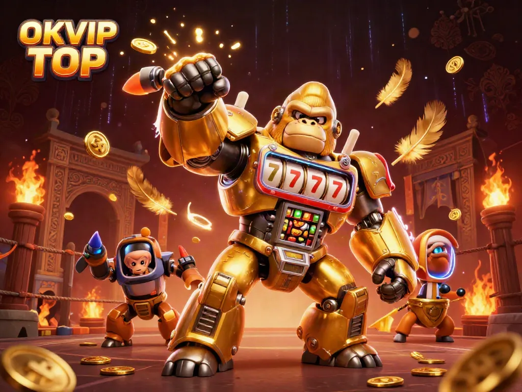 Engage in thrilling casino action with OKVIP TOP's golden gorilla mech alongside exciting gaming elements.