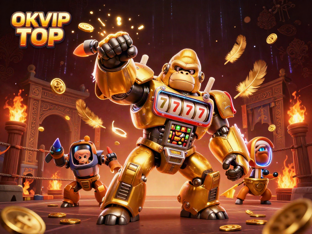 Engage in thrilling casino action with OKVIP TOP's golden gorilla mech alongside exciting gaming elements.
