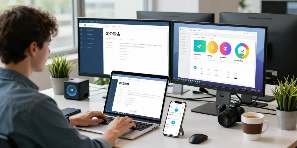 Setting up Telegram Chinese interface on modern tech workspace, showcasing language packs and notifications.
